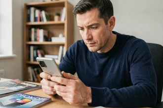 Homme analysant le Samsung Galaxy S25 dans un bureau moderne lors d'un test comparatif