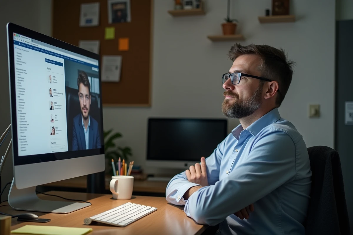 Homme réfléchi dans son espace de travail numérique