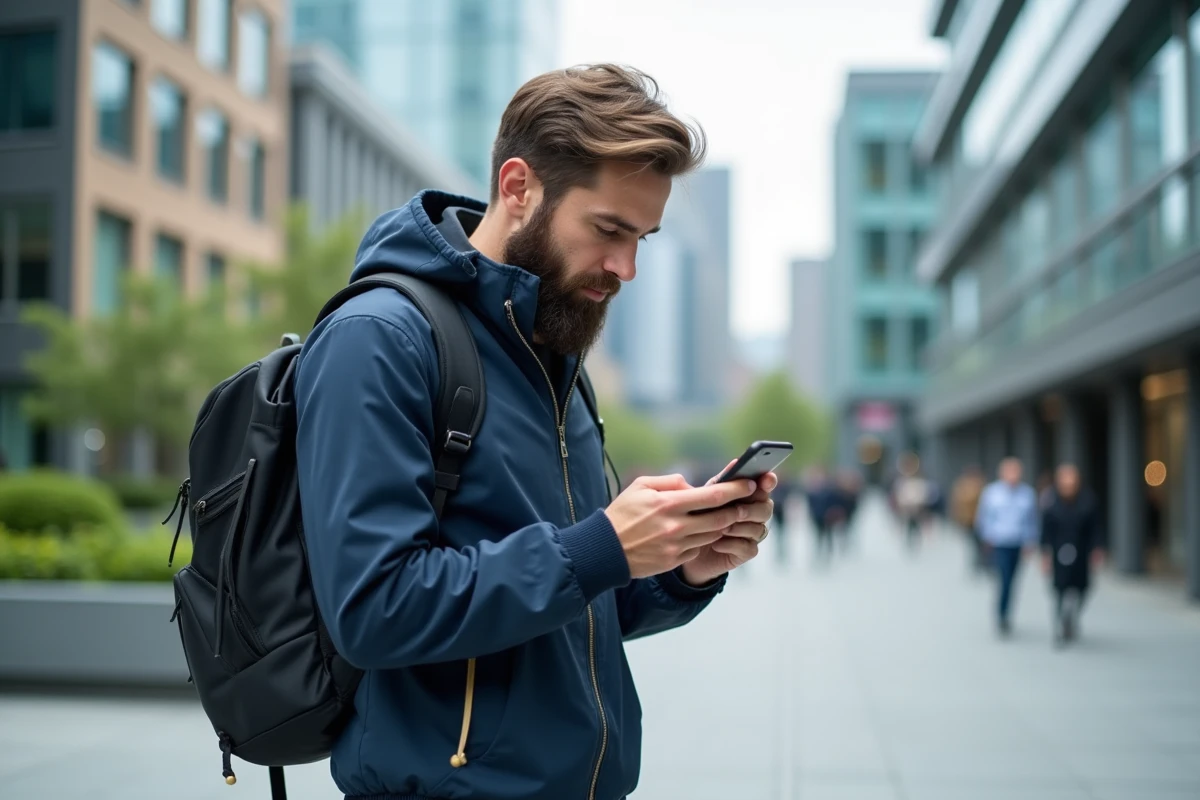 Homme barbu regardant son téléphone dans une place urbaine animée