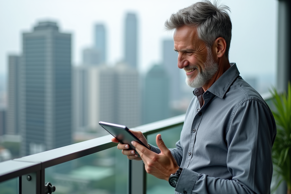 Homme en smart casual participant à une réunion vidéo en rooftop