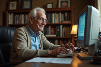 Homme âgé utilisant un ordinateur Windows 10 dans un bureau