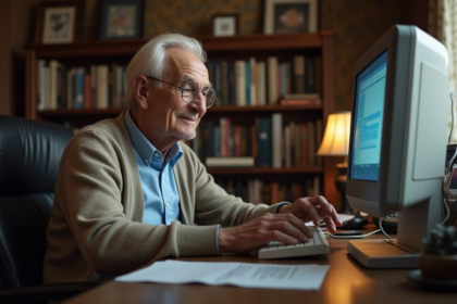 Homme âgé utilisant un ordinateur Windows 10 dans un bureau