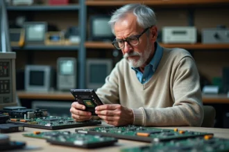 Ingénieur âgé examinant un SSD dans son atelier électronique