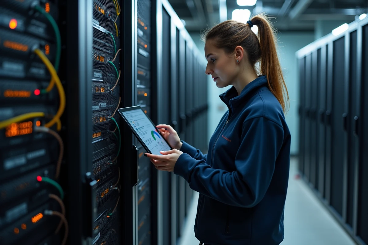 Ingénieure réseau connectant des câbles dans une salle serveur lors de l'intégration d'un nouveau composant technique dans une infrastructure existante