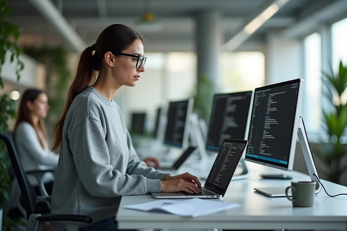 Ingénieure logicielle travaillant sur des scripts bash dans un open space de bureau moderne avec terminal splitté