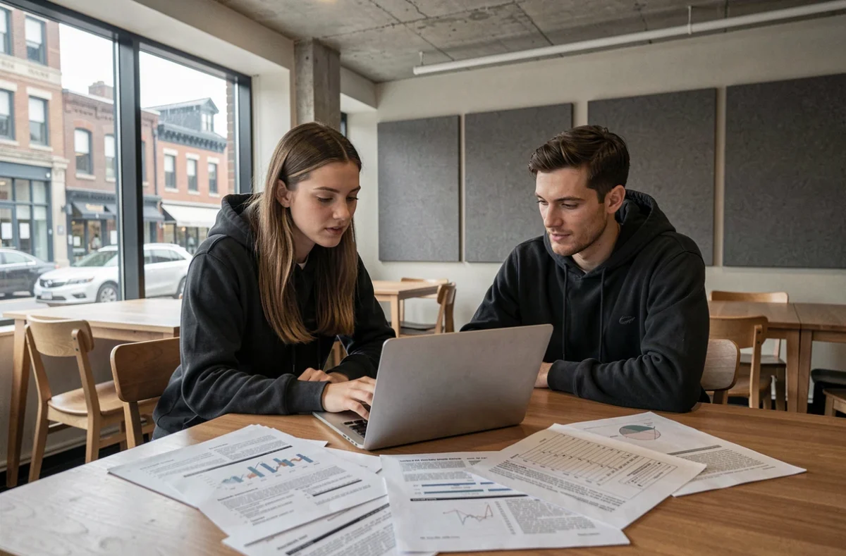 Deux ingénieurs logiciels collaborant sur la documentation technique du modèle de sécurité secmodel dans un espace de coworking