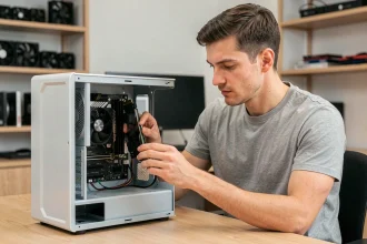 Homme installant une carte graphique dans un PC de bureau avec précaution pour éviter les pannes matérielles