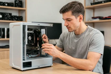 Homme installant une carte graphique dans un PC de bureau avec précaution pour éviter les pannes matérielles