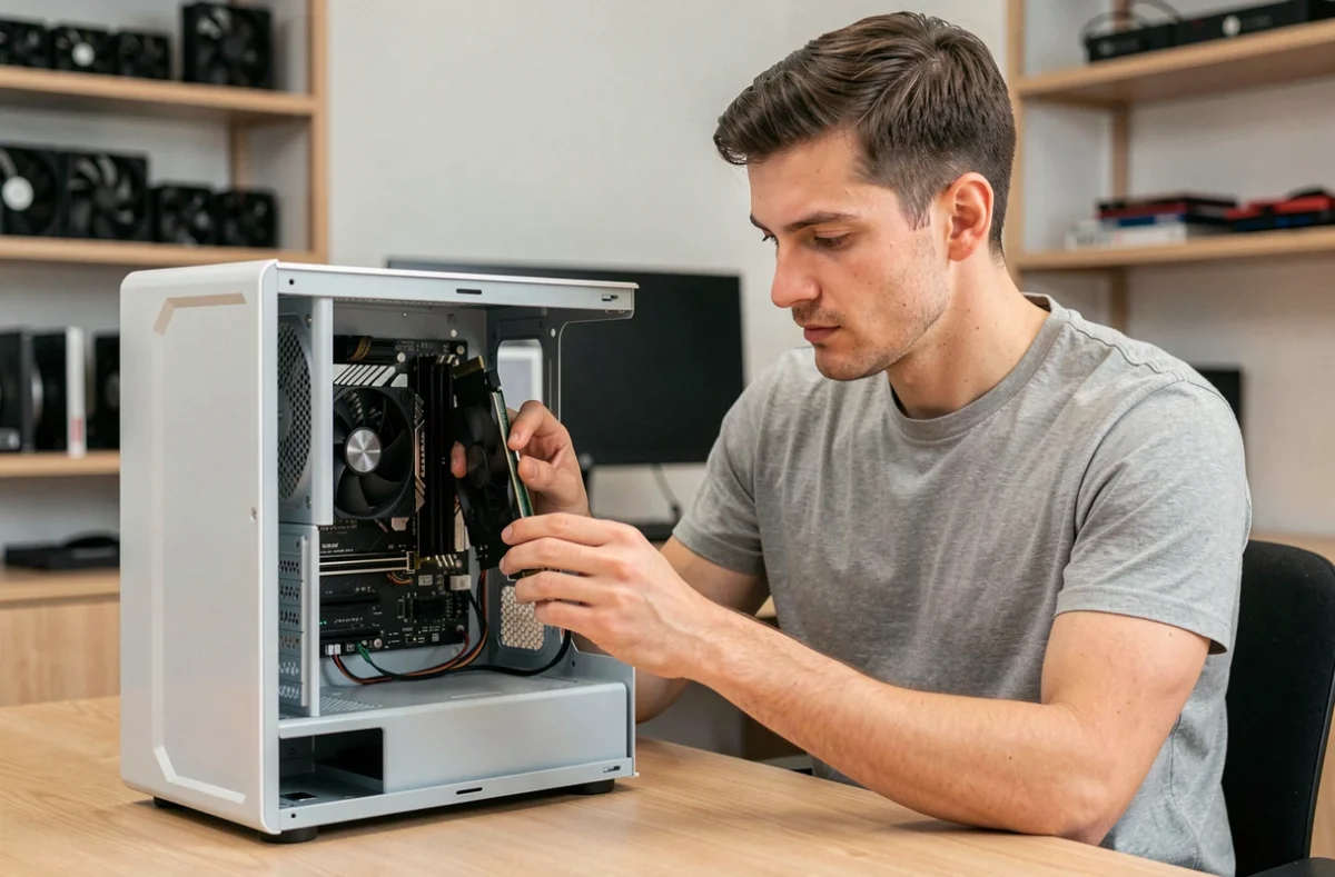 Homme installant une carte graphique dans un PC de bureau avec précaution pour éviter les pannes matérielles