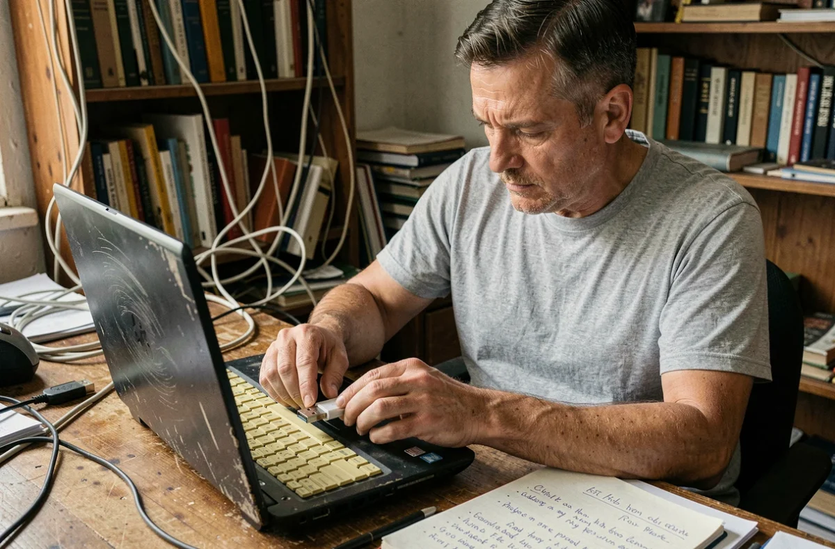 Homme insérant une clé USB dans un vieux laptop pour installer Windows 7 et booster ses performances