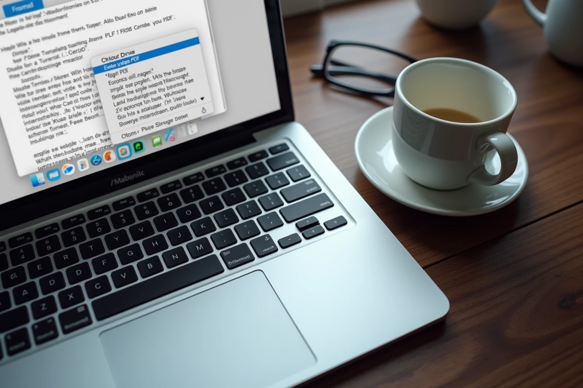 Vue en plongée d'un MacBook affichant l'interface iCloud avec l'option d'export PDF d'un fichier Pages