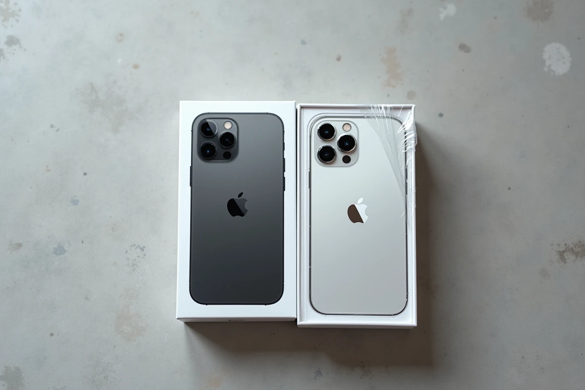 Comparaison flat lay d'un iPhone 14 Pro neuf dans sa boîte et d'un iPhone 14 Pro reconditionné posés sur une surface en béton avec étiquettes de prix