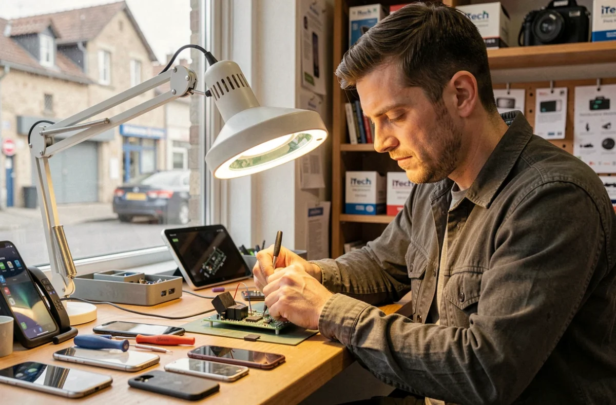 Technicien iTech Phone Custines réparant un smartphone au nord du département de Meurthe-et-Moselle