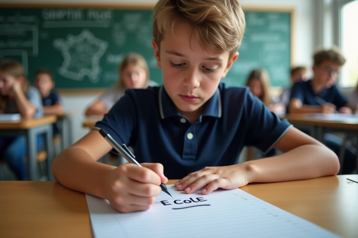 Jeune garçon écrivant ÉCOLE sur une feuille de papier