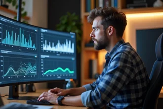 Jeune ingénieur analysant graphiques GPU sur un écran