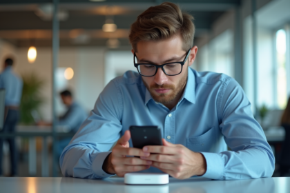 Jeune ingénieur examinant un récepteur LiFi au bureau