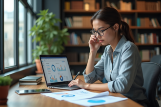 Jeune femme concentrée analysant des graphiques SEO au bureau
