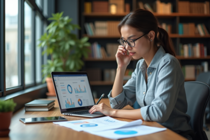 Jeune femme concentrée analysant des graphiques SEO au bureau
