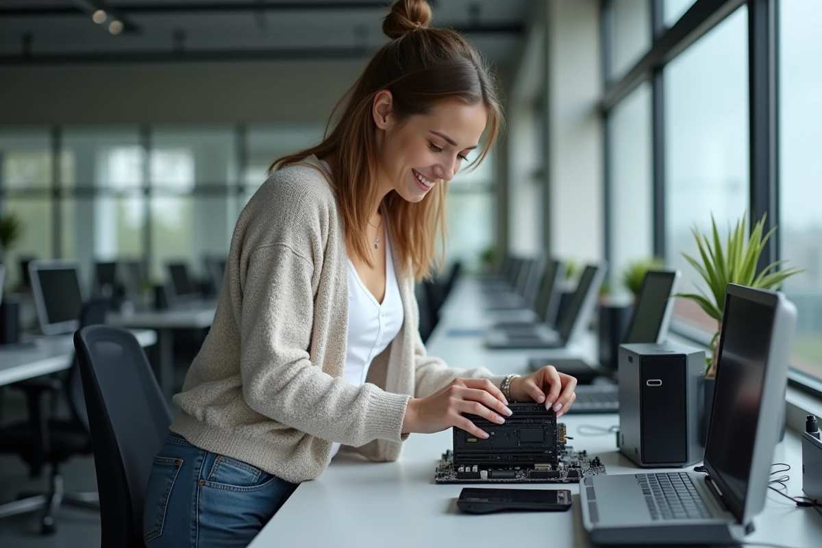 Jeune femme installant un SSD sur une carte mère dans un bureau moderne