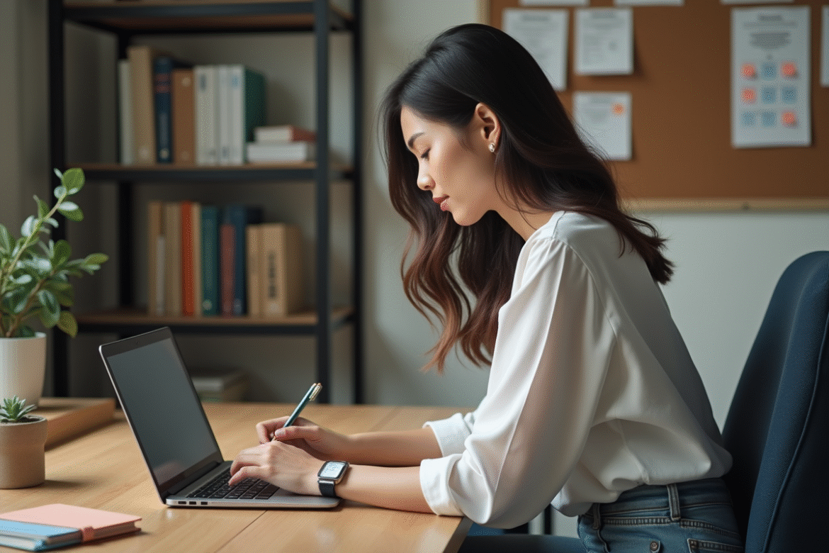 Jeune femme professionnelle travaillant sur son ordinateur dans un bureau