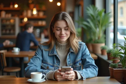 Jeune femme au café regardant son smartphone