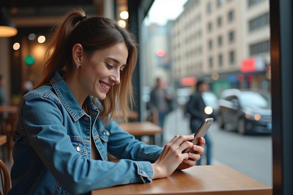 Jeune femme en denim au café urbain regardant son smartphone