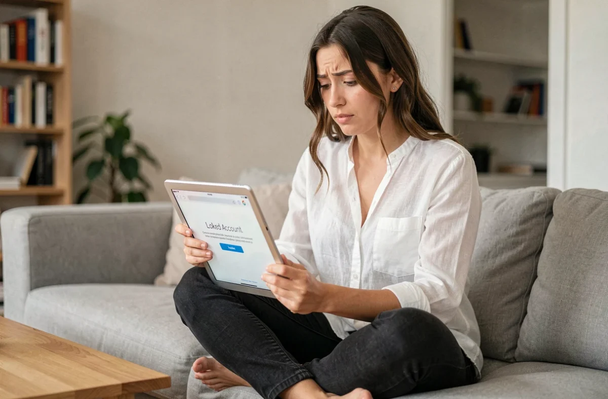 Jeune femme lisant une notification de compte bloqué sur une tablette dans un salon moderne