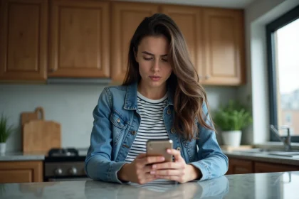 Jeune femme dans sa cuisine vérifiant son iPhone