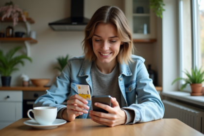 Jeune femme recharge son crédit mobile avec une carte SIM