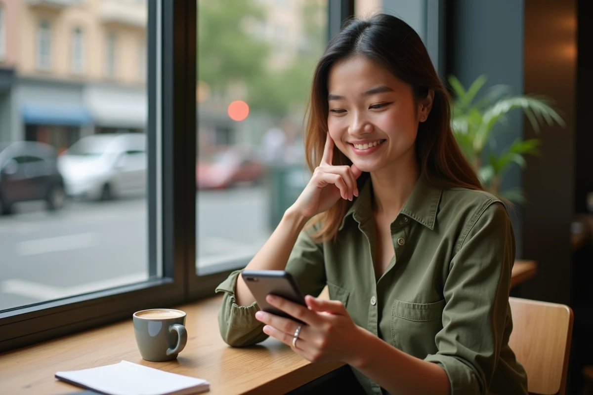 Jeune femme souriante utilisant son smartphone dans un café lumineux