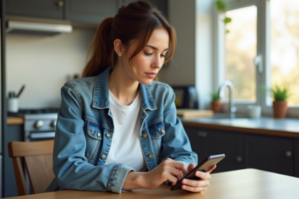 Jeune femme en cuisine utilisant son smartphone