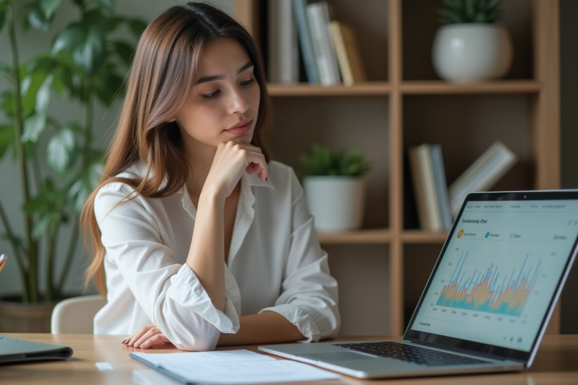 Jeune femme analysant un graphique tendance sur son ordinateur