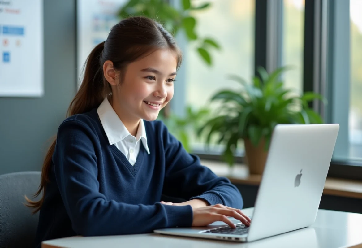 Jeune fille concentrée utilisant Pronote sur son ordinateur