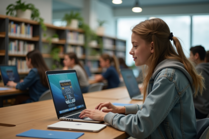 Jeune fille en hoodie utilisant Mon Bureau Numérique à la bibliothèque