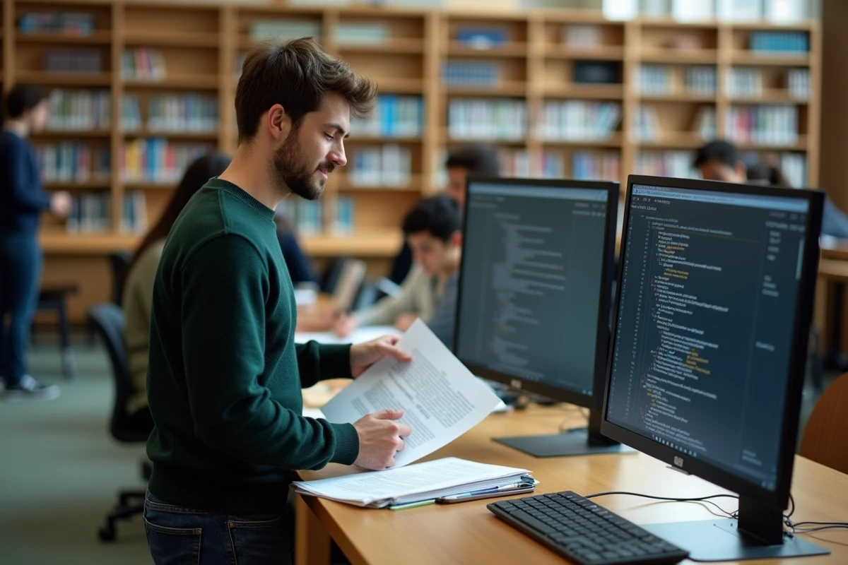 Jeune homme étudiant dans une bibliothèque universitaire