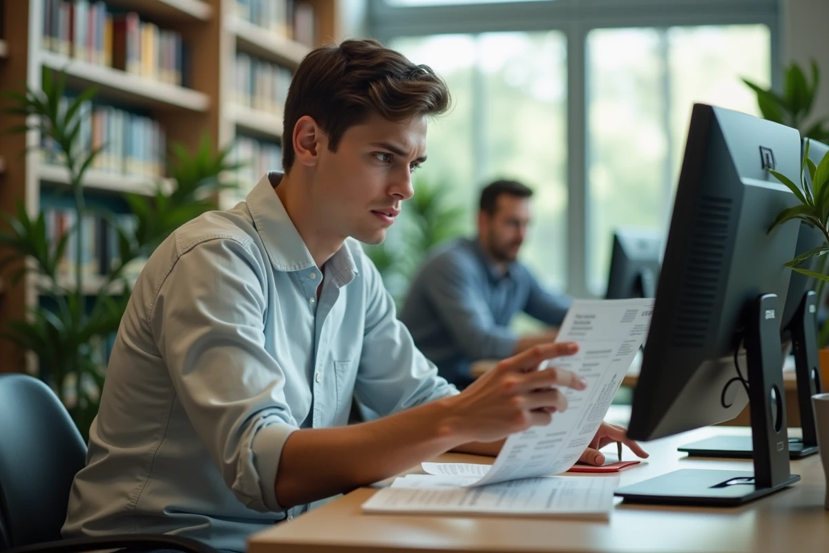 Jeune homme hésitant dans une bibliothèque moderne