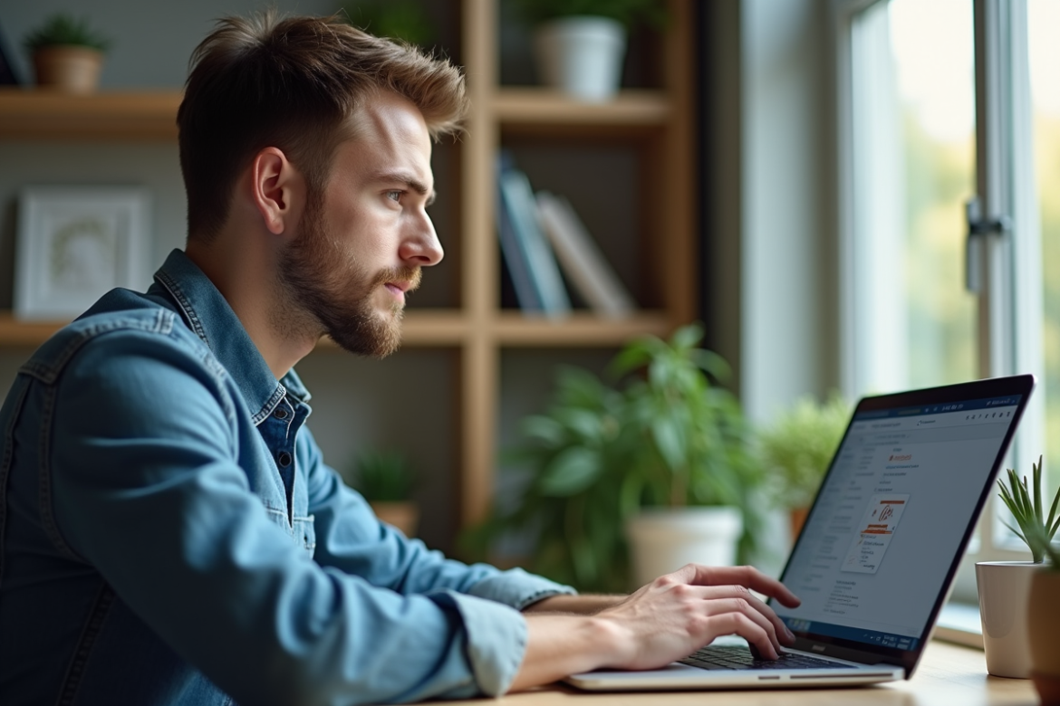 Jeune homme en denim utilisant un ordinateur portable dans un bureau moderne