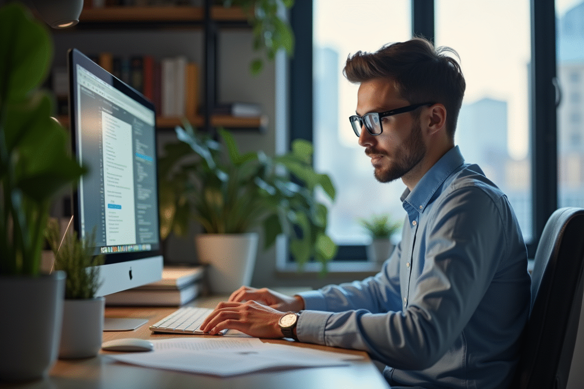 Jeune homme concentré travaillant sur son ordinateur dans un bureau moderne