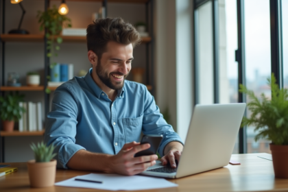 Jeune homme souriant utilisant son ordinateur dans un bureau moderne