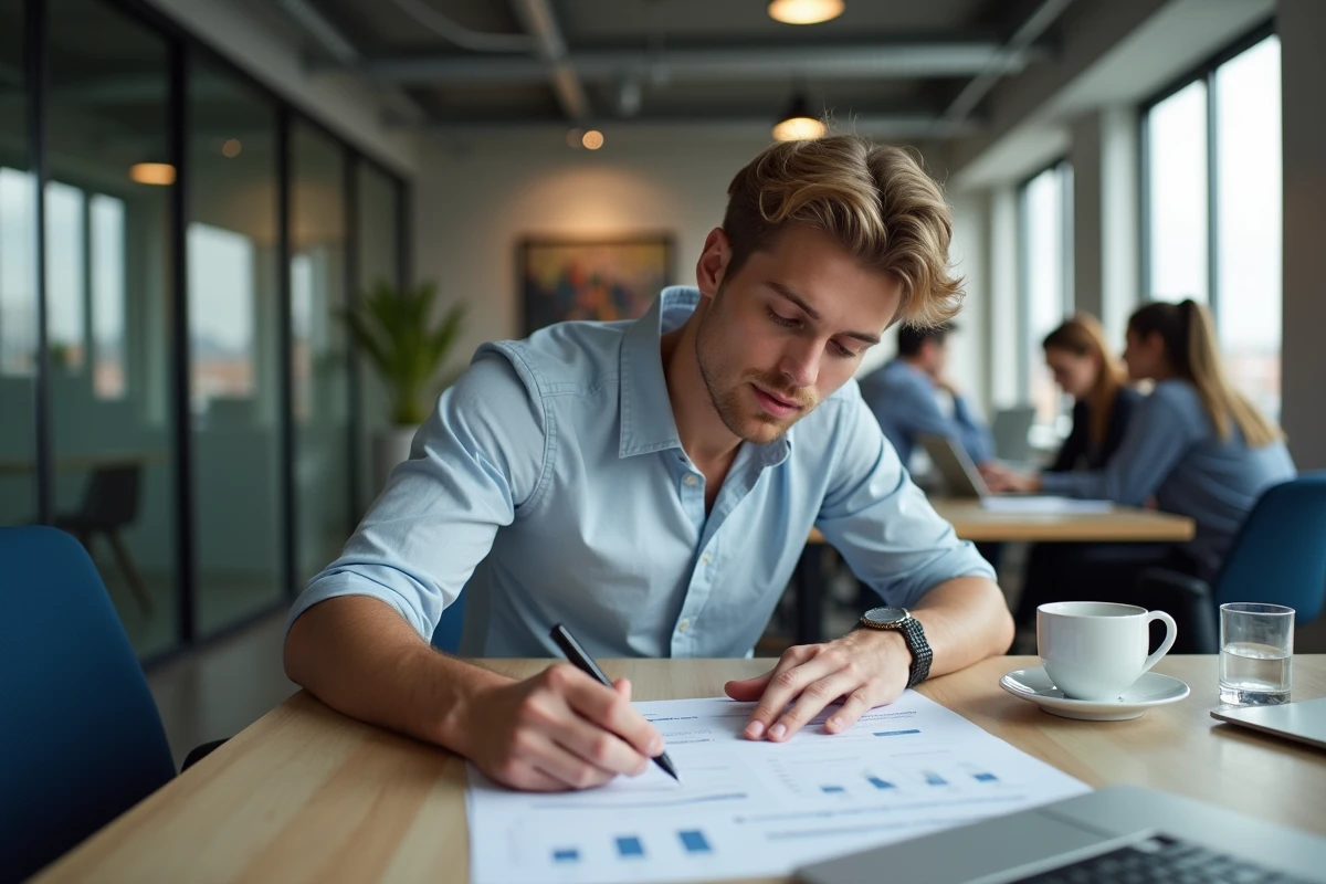 Jeune homme discutant en regardant un document Excel imprimé