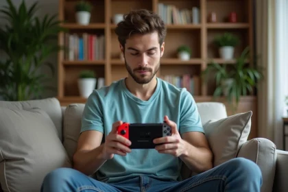 Jeune homme jouant à la Nintendo Switch dans un salon cosy