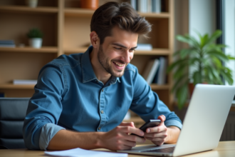 Jeune homme concentré sur son smartphone dans un bureau moderne