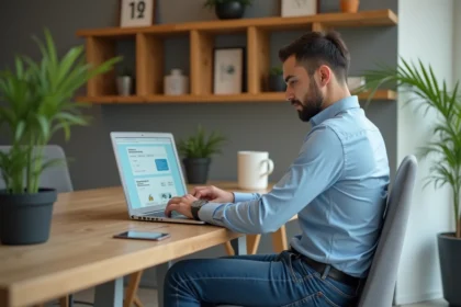 Jeune homme compare sites web sur son ordinateur dans un bureau moderne