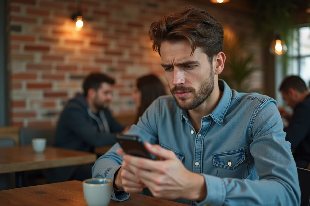 Jeune homme tentant de réinitialiser son mot de passe au café