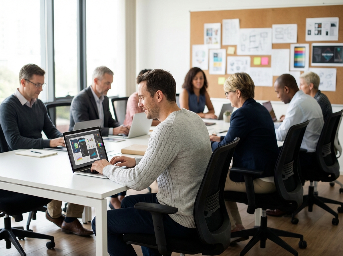 Jeune homme souriant utilisant un ordinateur dans une salle de formation