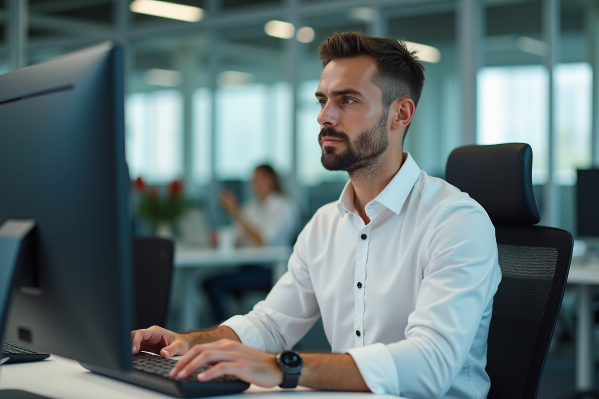 Jeune homme au travail dans un espace de bureau ouvert