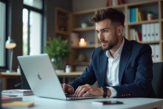 Jeune homme en bureau moderne travaillant sur son ordinateur