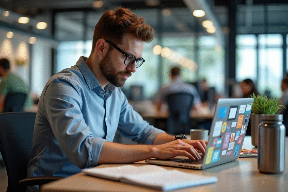 Jeune homme professionnel travaillant sur un laptop coloré