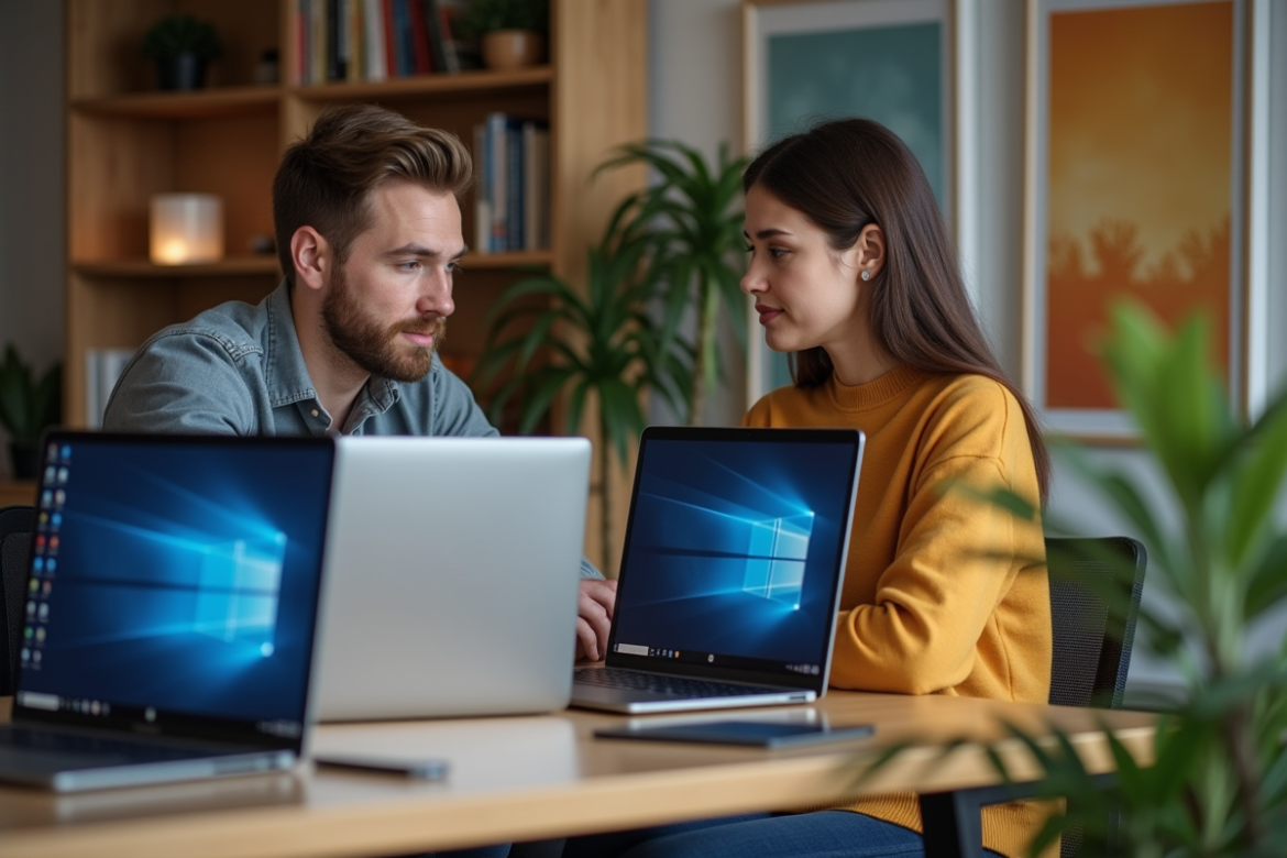 Jeunes adultes discutant devant trois ordinateurs en home office