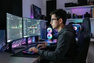 Joueur PC analysant la consommation électrique de sa configuration gaming sur un double écran avec graphiques de comparaison